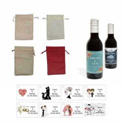 Tinto invitados boda personalizado con tarjeta y bolsa saco