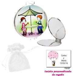 Espejo con sombrilla y niños, con bolsa blanca de organza, y tarjeta personalizada