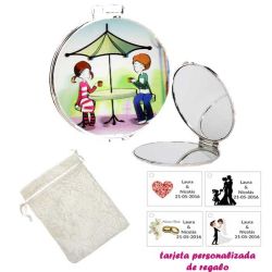 Espejo con sombrilla y niños, con bolsa blanca de organza, y tarjeta personalizada