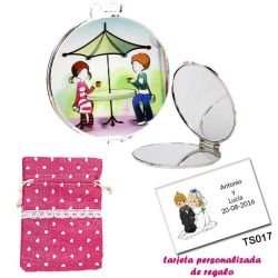 Espejo con sombrilla y niños, con bolsa de saco rosa estampada y tarjeta personalizada