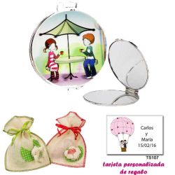 Espejo con sombrilla y niños, con bolsa de saco en crudo y detalles de colores, y tarjeta personalizada