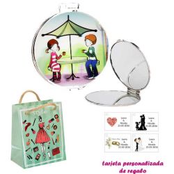Espejo con sombrilla y niños, con dibujos de mujer, moda y belleza, y tarjeta personalizada
