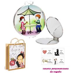 Espejo con sombrilla y niños, con dibujos de mujer, perfume y belleza, y tarjeta personalizada