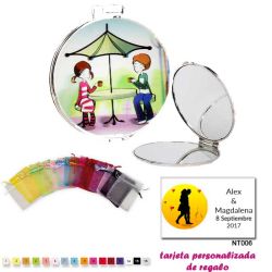 Espejo con sombrilla y niños, con bolsa de organza multicolor, y tarjeta personalizada