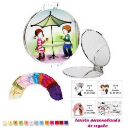 Espejo con sombrilla y niños, con bolsa de raso multicolor, y tarjeta personalizada