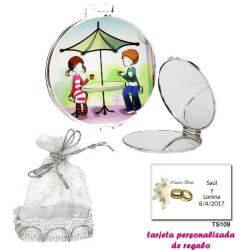 Espejo con sombrilla y niños, con una elegante bolsa plateada, y tarjeta personalizada