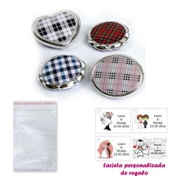 Espejos plateados con cuadros escoceses, con bolsa básica de celofan, y tarjeta personalizada