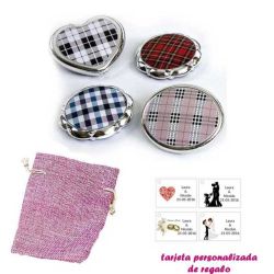 Espejos plateados con cuadros escoceses, con bolsa de saco rosa y tarjeta personalizada