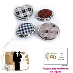 Espejos plateados con cuadros escoceses, con bolsa de yute y tarjeta personalizada