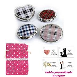 Espejos plateados con cuadros escoceses, con bolsa de saco rosa estampada y tarjeta personalizada