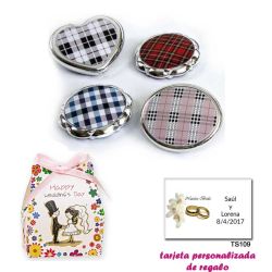 Espejos plateados con cuadros escoceses, con caja de flores y dibujo de novios, y tarjeta personalizada