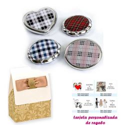 Espejos plateados con cuadros escoceses, con caja de elgante estampado marrón y blanco, y tarjeta personalizada