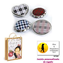 Espejos plateados con cuadros escoceses, con dibujos de mujer, perfume y belleza, y tarjeta personalizada