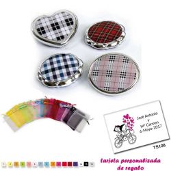 Espejos plateados con cuadros escoceses, con bolsa de organza multicolor, y tarjeta personalizada