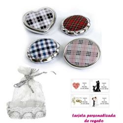 Espejos plateados con cuadros escoceses, con una elegante bolsa plateada, y tarjeta personalizada