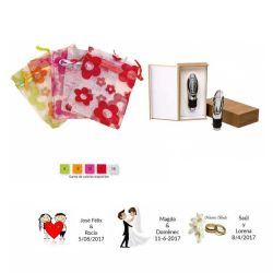 Estuche tapón de vino en bolsa y tarjeta personalizada regalos boda