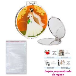 Espejo con una elegante novia con velo, con bolsa básica de celofan, y tarjeta personalizada
