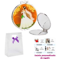 Espejo con una elegante novia con velo, con caja de acetato con lazo morado de lunares y tarjeta personalizada