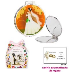 Espejo con una elegante novia con velo, con caja de flores y dibujo de novios, y tarjeta personalizada