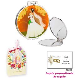 Espejo con una elegante novia con velo, con caja de flores, y tarjeta personalizada