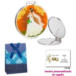 Espejo con una elegante novia con velo, con caja de flores y lazo azul, y tarjeta personalizada