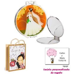 Espejo con una elegante novia con velo, con dibujos de mujer, perfume y belleza, y tarjeta personalizada
