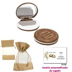 Espejo Galleta Oreo con peine blanco y con bolsa de saco marrón y tull, y tarjeta personalizada
