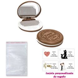 Espejo Galleta Oreo con peine blanco y con bolsa básica de celofan, y tarjeta personalizada