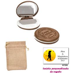 Espejo Galleta Oreo con peine blanco y con bolsa de saco marrón y tarjeta personalizada