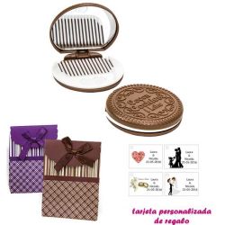 Espejo Galleta Oreo con peine blanco y con caja de rayas con lazo y tarjeta personalizada