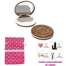 Espejo Galleta Oreo con peine blanco y con bolsa de saco rosa estampada y tarjeta personalizada