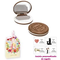 Espejo Galleta Oreo con peine blanco y con caja de flores, y tarjeta personalizada