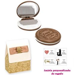 Espejo Galleta Oreo con peine blanco y con caja de elgante estampado marrón y blanco, y tarjeta personalizada