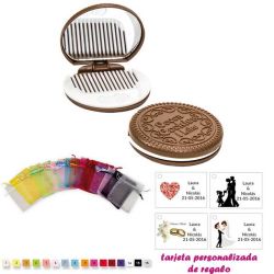 Espejo Galleta Oreo con peine blanco y con bolsa de organza multicolor, y tarjeta personalizada