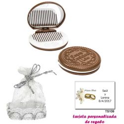 Espejo Galleta Oreo con peine blanco y con una elegante bolsa plateada, y tarjeta personalizada