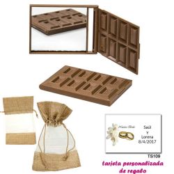 Espejo Tableta de Chocolate, con bolsa de saco marrón y tull, y tarjeta personalizada
