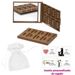 Espejo Tableta de Chocolate, con bolsa blanca de organza, y tarjeta personalizada