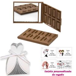Espejo Tableta de Chocolate, con caja de cartón con forma de vestido de novia, y tarjeta personalizada