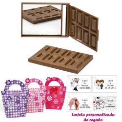 Espejo Tableta de Chocolate, con caja con asas de flores y colores variados, y tarjeta personalizada