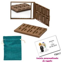 Espejo Tableta de Chocolate, con bolsa de saco azul y tarjeta personalizada