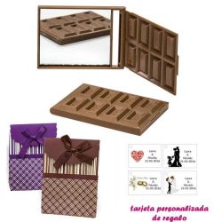 Espejo Tableta de Chocolate, con caja de rayas con lazo y tarjeta personalizada