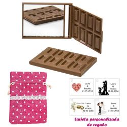 Espejo Tableta de Chocolate, con bolsa de saco rosa estampada y tarjeta personalizada