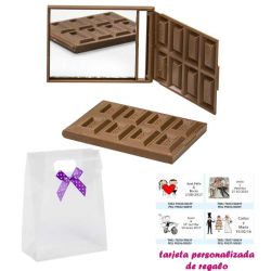 Espejo Tableta de Chocolate, con caja de acetato con lazo morado de lunares y tarjeta personalizada