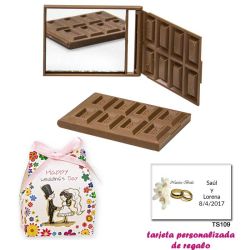 Espejo Tableta de Chocolate, con caja de flores y dibujo de novios, y tarjeta personalizada