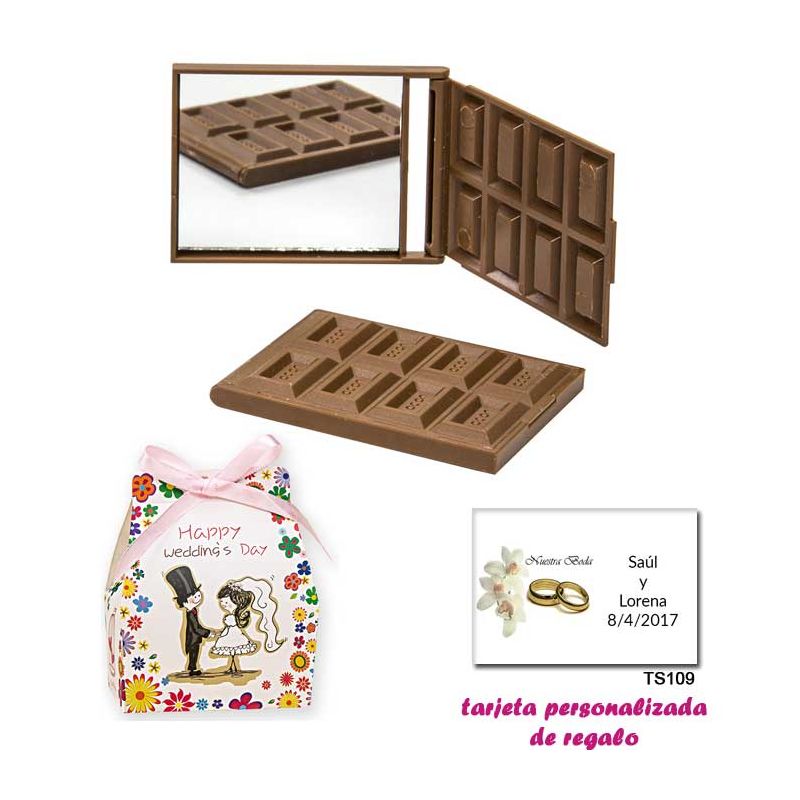 Espejo Tableta de Chocolate, con caja de flores y dibujo de novios, y tarjeta personalizada
