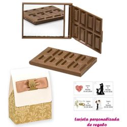 Espejo Tableta de Chocolate, con caja de elgante estampado marrón y blanco, y tarjeta personalizada