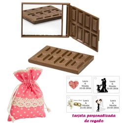 Espejo Tableta de Chocolate, con bolsa de lunares de color rosa, y tarjeta personalizada