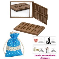 Espejo Tableta de Chocolate, con bolsa de lunares de color azul, y tarjeta personalizada