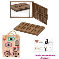 Espejo Tableta de Chocolate, con dibujos decorativos y con bicicleta, y tarjeta personalizada