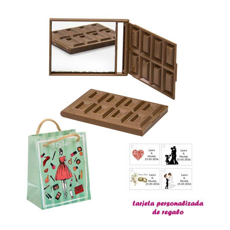 Espejo Tableta de Chocolate, con dibujos de mujer, moda y belleza, y tarjeta personalizada